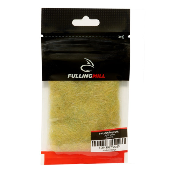 A package of Fulling Mill Salty Shrimp Dubbing for fly tying in light olive against a white background.