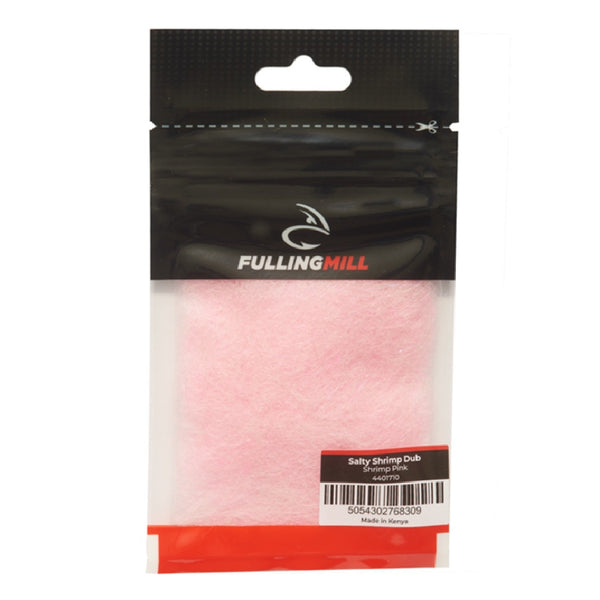 A package of Fulling Mill Salty Shrimp Dubbing for fly tying in shrimp pink against a white background.