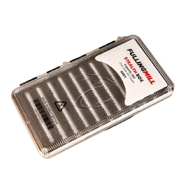 Grey Fulling Mill stealth fly box with frosted clear lid and slit foam on a white background.