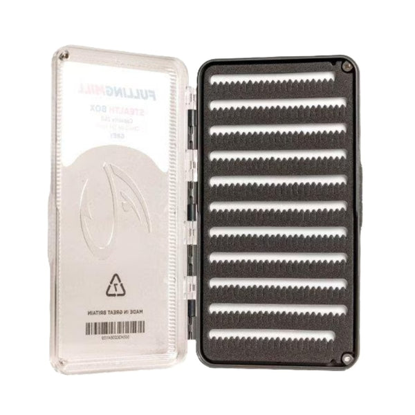 Open grey Fulling Mill stealth fly box with frosted clear lid and slit foam on a white background.