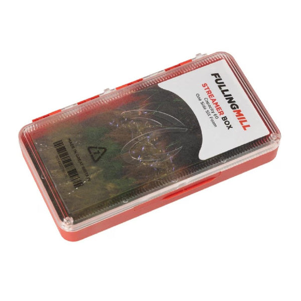 Red Fulling Mill streamer box with frosted clear lid on a white background.
