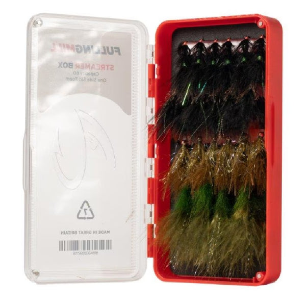 Red Fulling Mill streamer box loaded with flies (flies not included), open on a white background.