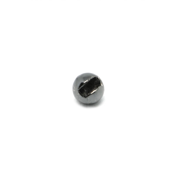 A single metallic black Fulling Mill Slotted Tungsten Bead for fly tying on white background.
