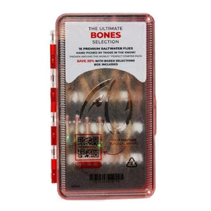 Fulling Mill Ultimate Bones Fly Selection in Box, closed showing clear cover and flies inside, on a white background.