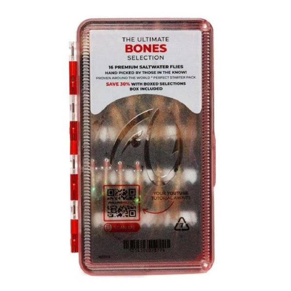 Fulling Mill Ultimate Bones Fly Selection in Box, closed showing clear cover and flies inside, on a white background.