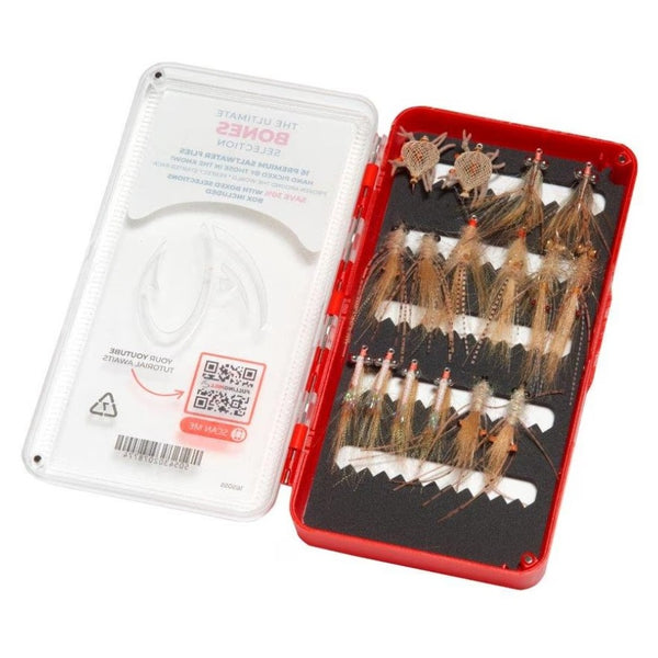 Fulling Mill Ultimate Bones Fly Selection in Box, open and showing a variety of fly patterns including flexo crabs, gotchas and more, on a white background.