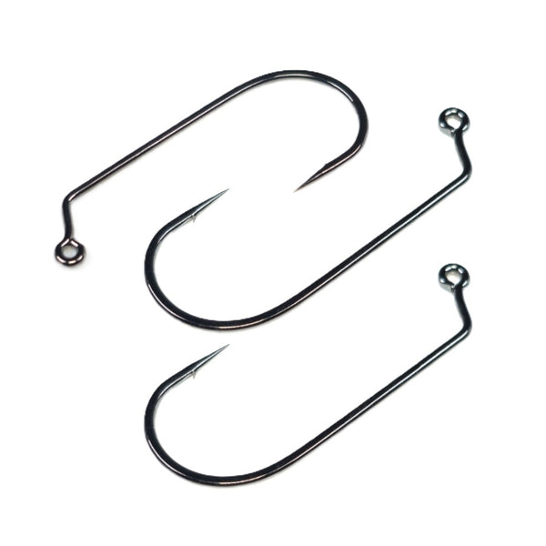 A group of three Gamakatsu J60 Crab Pattern Hooks showing the 60-degree eye, wide gap, and black nickel finish, on a white background.