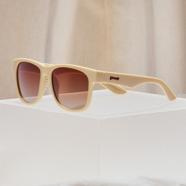 Beige Goodr BFG Big Pajama Llama Drama sunglasses with a gradient lens on a neutral background.