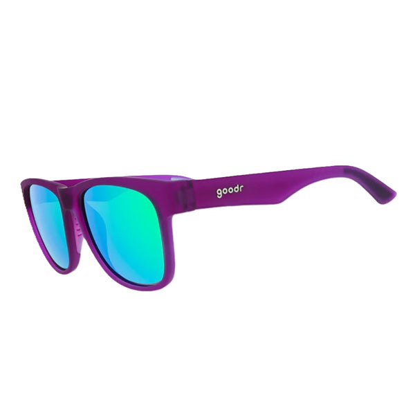 Purple Goodr BFG sunglasses with blue lenses on a white background