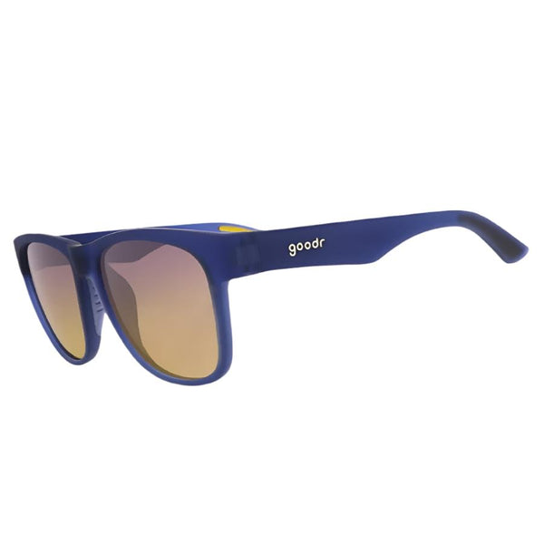 A pair of navy-colored Goodr BFG Electric Beluga Boogaloo Polarized Sunglasses with brown gradient lenses on a white background.