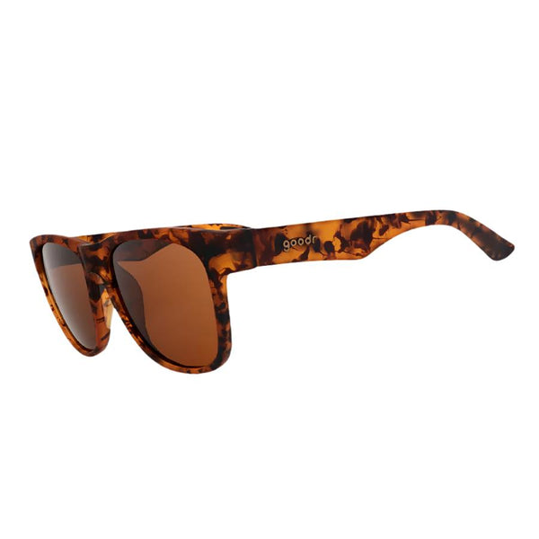 A pair of tortoiseshell print Goodr BFG polarized sunglasses with a wide-fitting design on a white background.