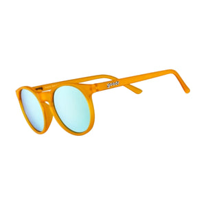 Orange Goodr Circle G sunglasses with blue lenses on a white background.