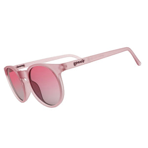 Pink gradient lensed Goodr Circle G Mauve Mood Board sunglasses with a brand logo on a white background.