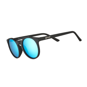 Goodr Circle G Sunglasses with blue lenses and black frame on a white background.
