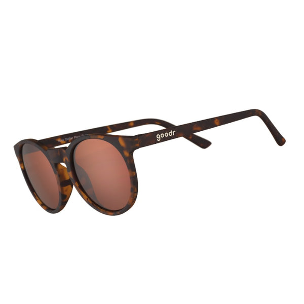 Goodr Circle G Nine Dollar Pour Over Sunglasses with tortoiseshell frame and brown lenses on a white background.