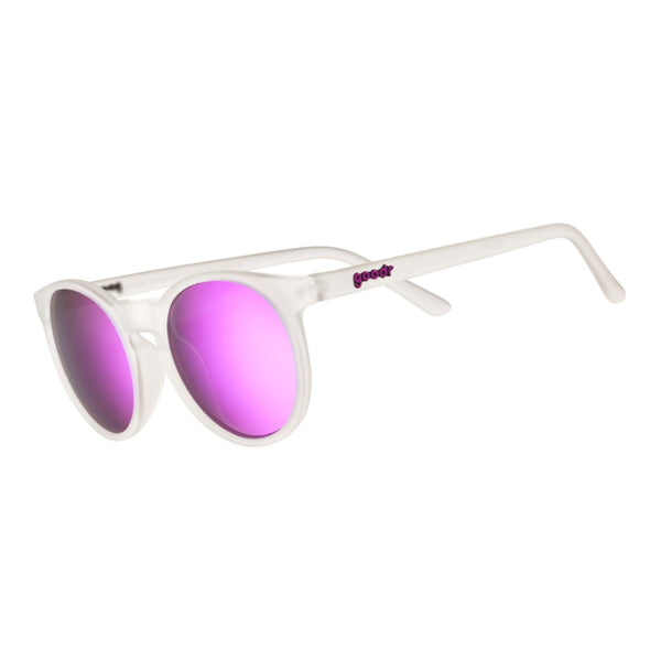 Goodr Strange Things are Afoot at the Circle G Sunglasses with white frame and pink lenses on a white background.