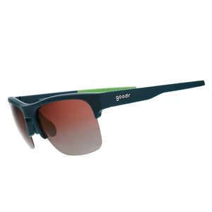 Goodr Flex G Lawn Mower Drag Race Sunglasses with green frame and brown gradient lens on a white background