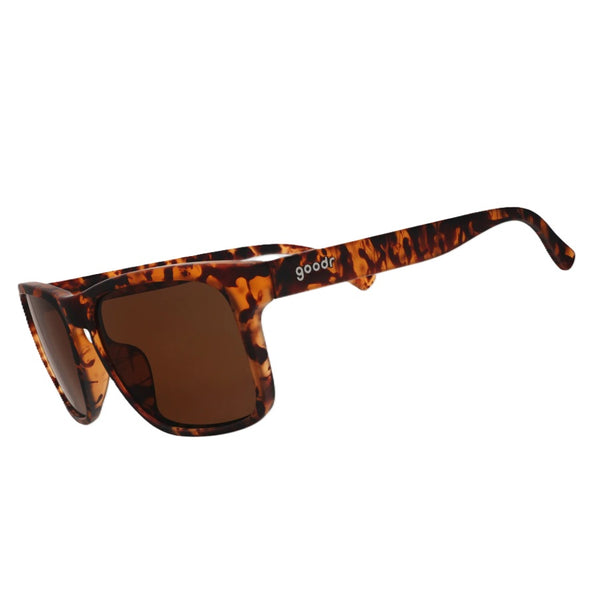 Goodr Grand G Sunglasses with tortoiseshell frame and brown lenses on a white background.