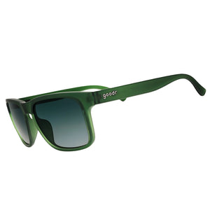 Green sunglasses with 'goodr' branding on a white background