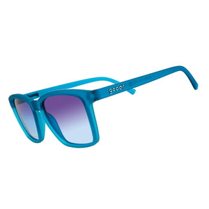 Goodr LFG Dungaree Debauchery blue sunglasses on a white background.