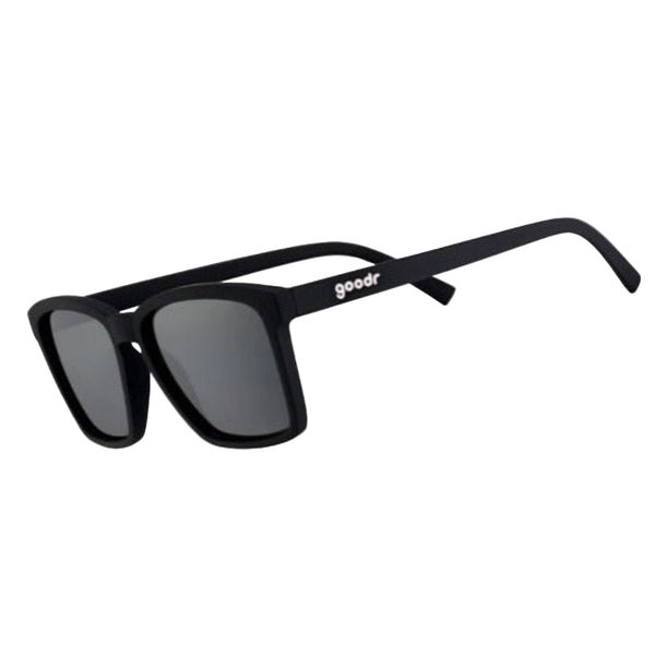A pair of matte black Goodr LFG sunglasses with polarized lenses, designed for smaller faces.
