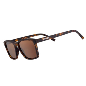 Goodr LFG Sunglasses with tortoiseshell frame and brown lenses on a white background.