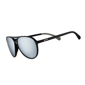 Black Goodr MACH G Add The Chrome Package aviator sunglasses with silver reflective lenses on a white background.