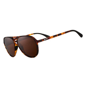 Goodr Mach G Aviator Sunglasses with tortoiseshell frame and brown lenses on a white background.
