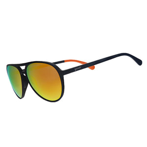 Goodr MACH G Call Me Tarmac Daddy Sunglasses with black frame and orange mirrored lenses on a white background.