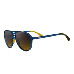 Goodr Mach G Frequent Skymall Shoppers Sunglasses with blue frame and yellow accents on a white background.