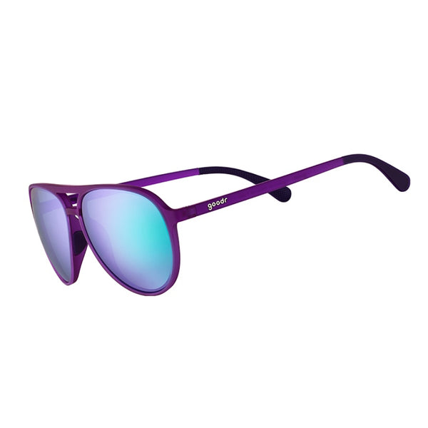Purple Goodr Mach G sunglasses with blue-tinted lenses on a white background.