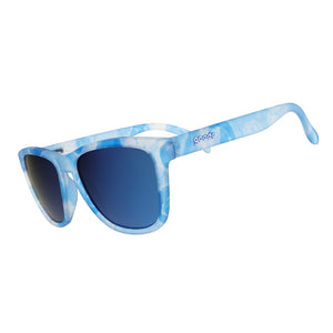 Blue and white Goodr OG Binge Watching the Sky sunglasses with blue lenses on a white background.