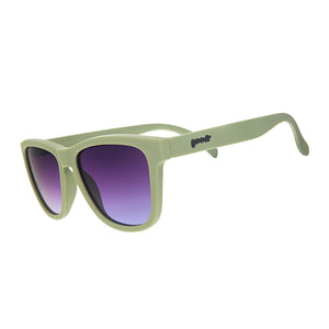 Green Goodr OG Dawn Of A New Sage sunglasses with purple gradient lenses on a white background.