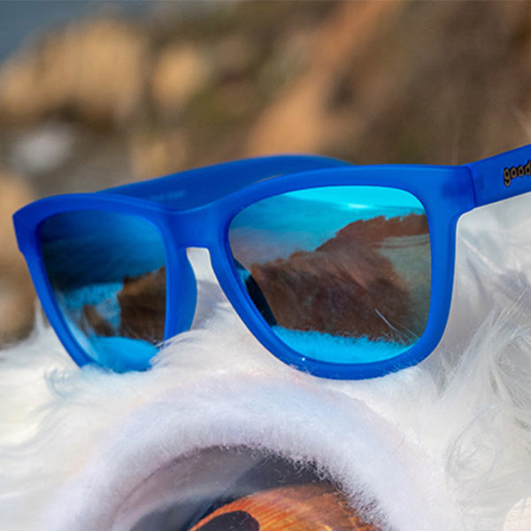 Blue Goodr OG Falkor's Fever Dream sunglasses on a furry white surface against a blurred natural background.