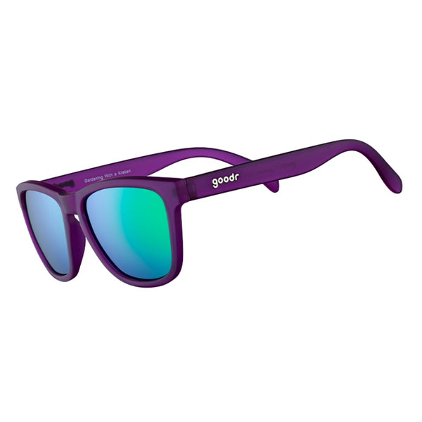Purple Goodr OG Gardening With a Kraken sunglasses with blue lenses on a white background.