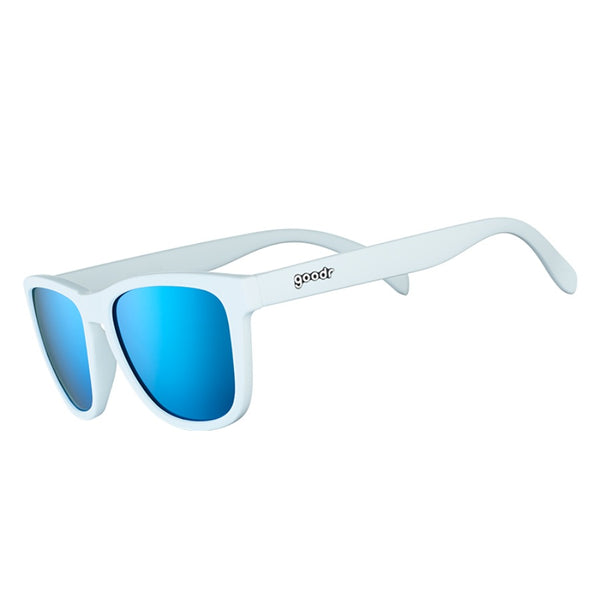 White Goodr OG Iced By Yetis sunglasses with blue lenses on a white background.