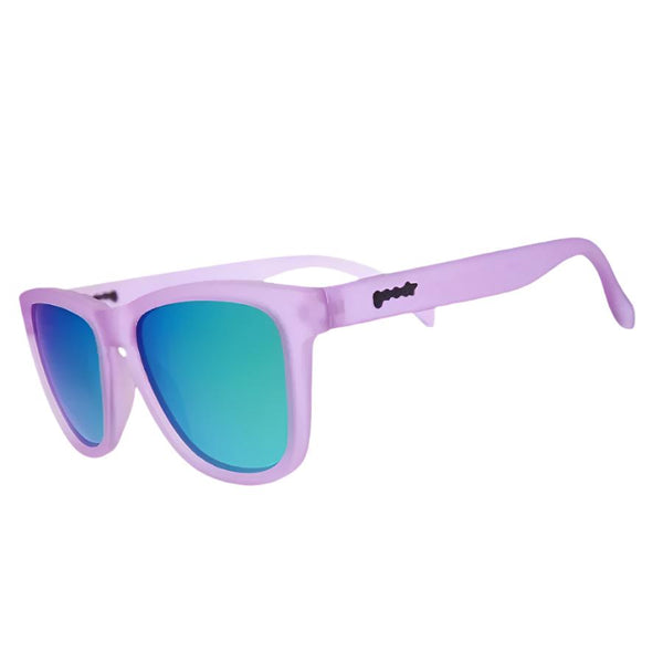 A pair of lilac purple Goodr OG sunglasses with green mirrored lenses on a white background.