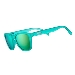 Turquoise Goodr OG sunglasses with green lenses on a white background.