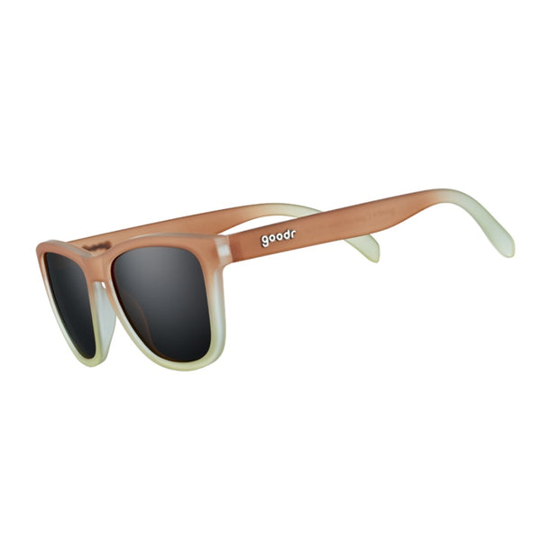 Goodr OG Three Parts Tee Sunglasses with a brown frame and black lenses on a white background.
