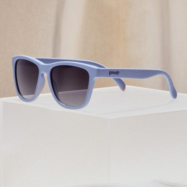 Goodr OG Zombie Skincare Routine Sunglasses with a grey frame and dark lenses on a neutral background.