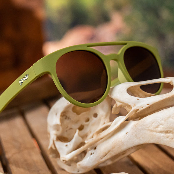 Green Goodr Fossil Finding Focals PHG sunglasses on a white animal skull over a natural background.