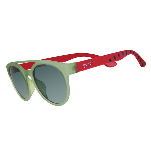 Watermelon Wasted Goodr PHG Sunglasses with green lenses and green and red frames on a white background.