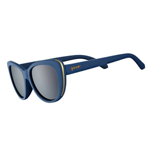 Blue Goodr Runway Mind the Wage Gap sunglasses with a gold details on a white background.