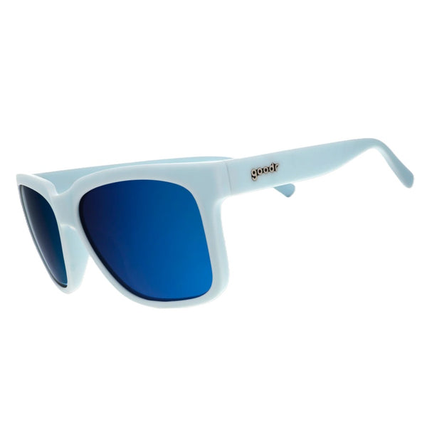 Light blue Goodr Tidal G floating sunglasses with blue mirror lenses on a white background,