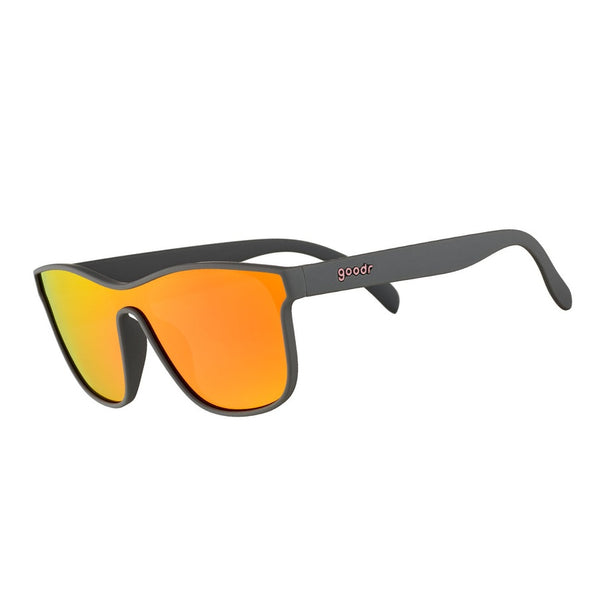 Goodr VRG Voight Kampff Vision Sunglasses with mirrored orange lenses and black frame on a white background.
