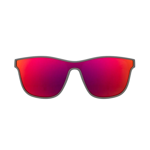 Goodr VRG Voight Kampff Vision Sunglasses with mirrored red/orange lenses and black frame on a white background.