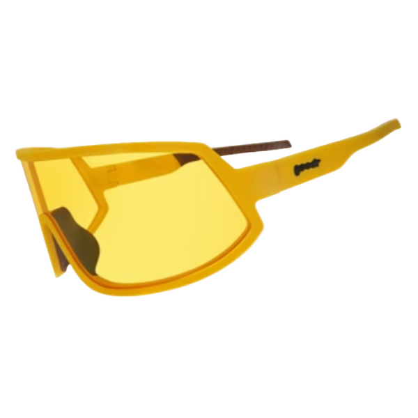 Yellow wrap around frame sunglasses with polarized lenses, featuring a removable nose piece.