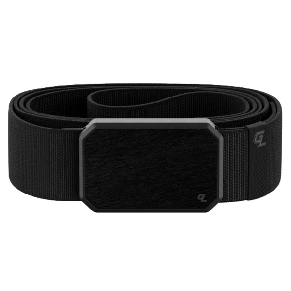 A single black groove life belt with a brushed black buckle on a white background.