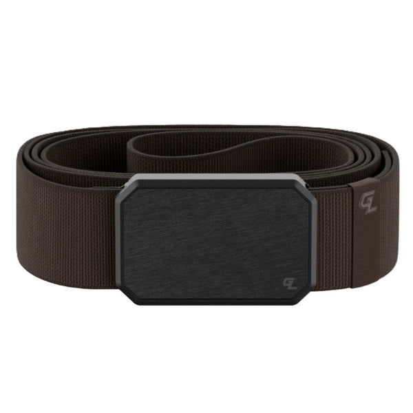 A single brown groove life belt with a gunmetal grey buckle on a white background.