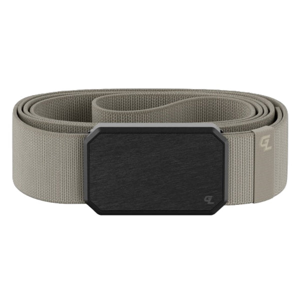 A single tan groove life belt with a gunmetal grey buckle on a white background.